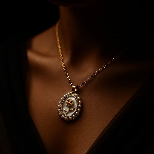 Gold Rose Necklace with Pearl Border