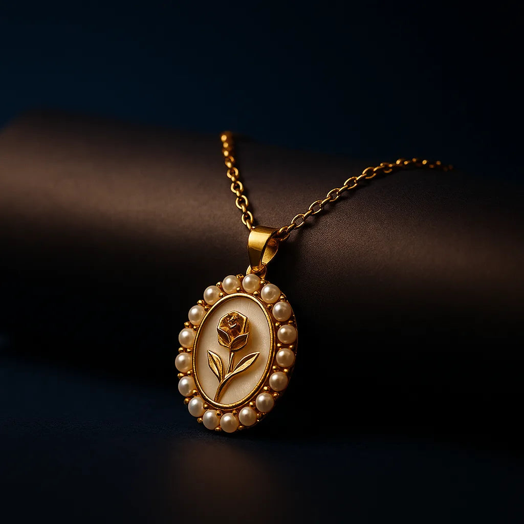 Gold Rose Necklace with Pearl Border