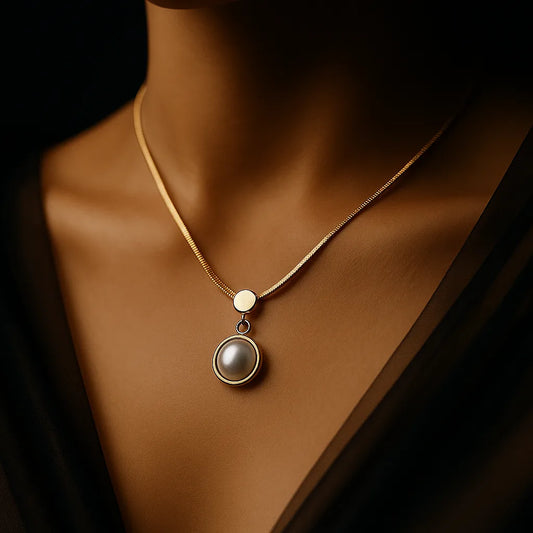 Gold Snake Chain Necklace with Bezel-Set Pearl