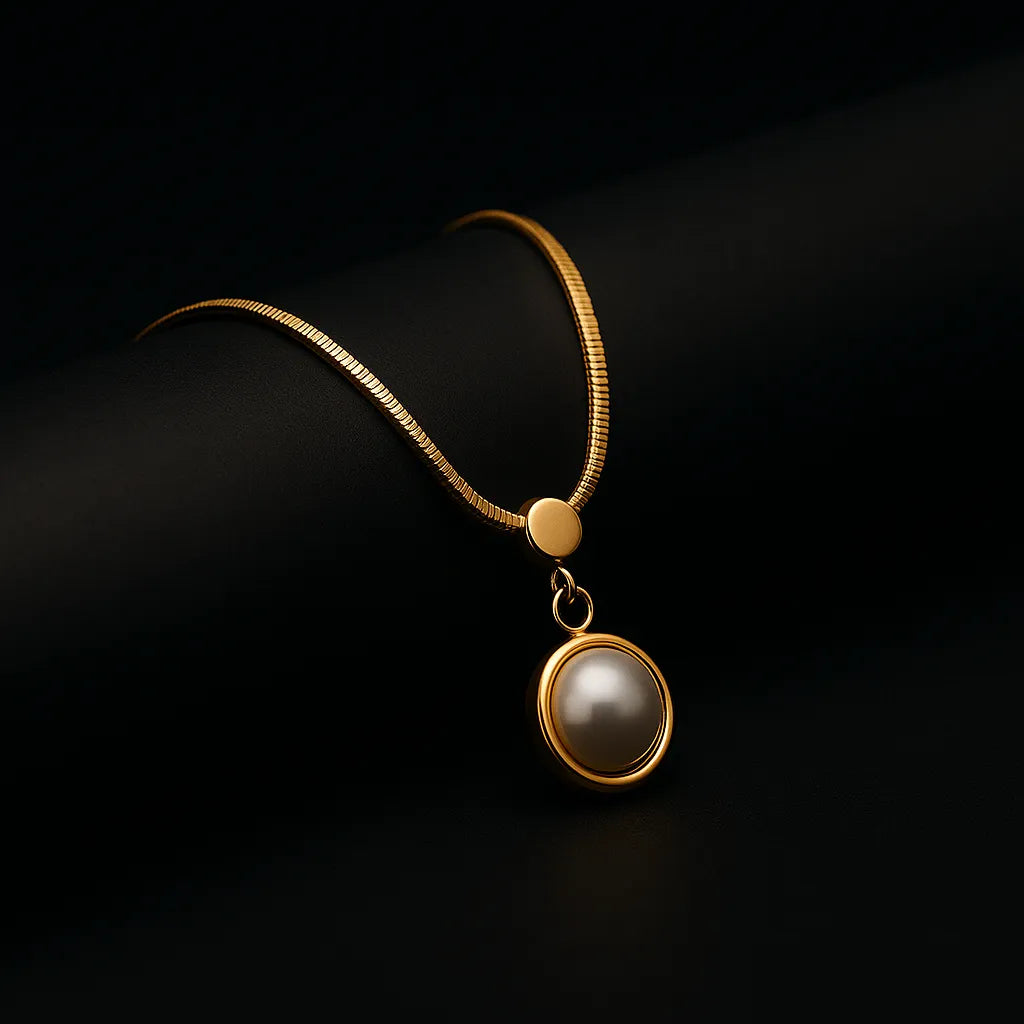 Gold Snake Chain Necklace with Bezel-Set Pearl