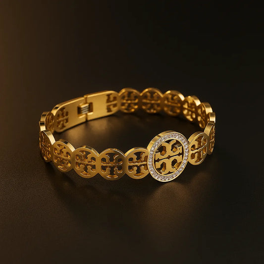 Gold Logo Link Bracelet with Crystals