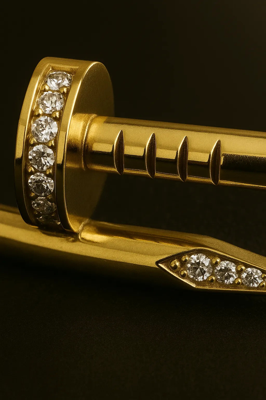 Gold pen with diamond accents on a black background